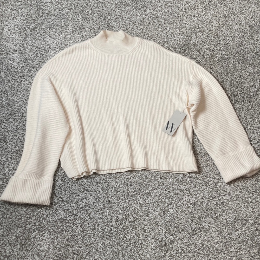 NWT Size Small Loose Fit Soft Drop Shoulder Cuff Sleeve Mock Neck Ribbed Sweater